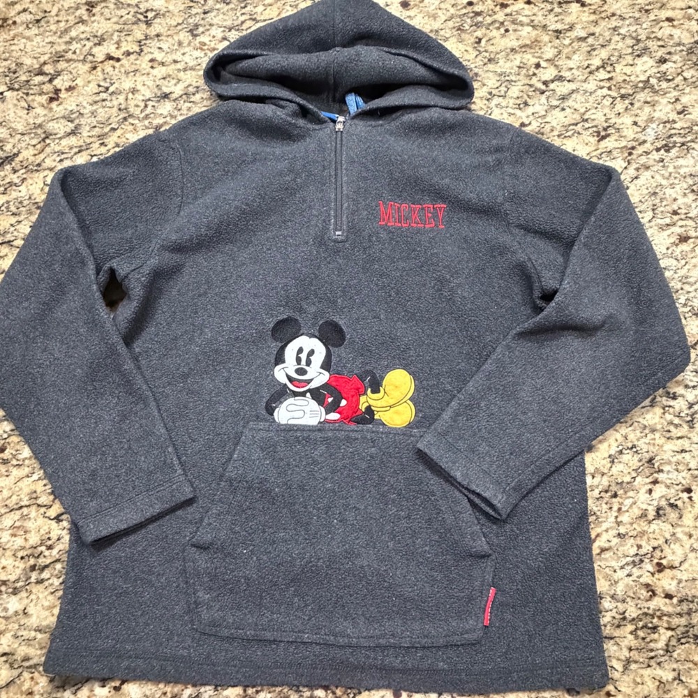 Vintage Disney Mickey Mouse Fleece Hoodie Gray Quarter Zip Pullover Womens Large